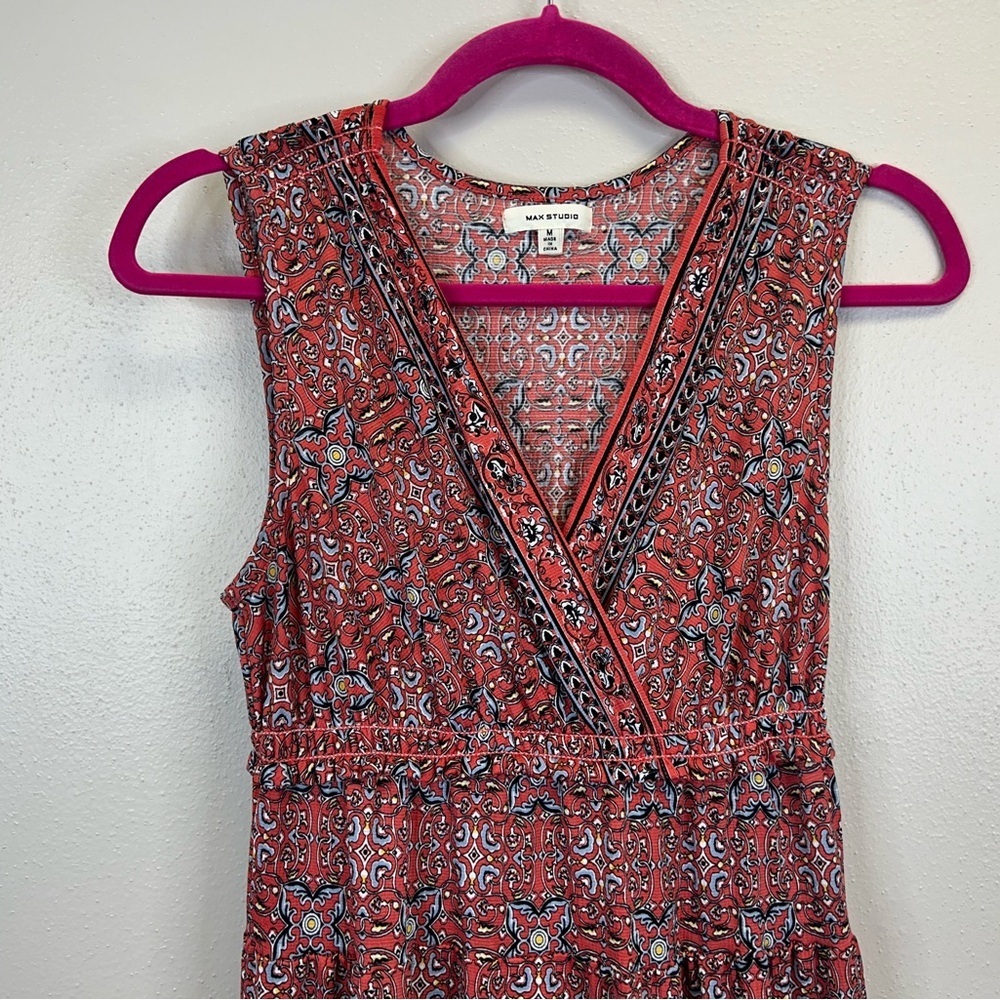 Max Studio Coral Red and Black Patterned Maxi Dress Size M Boho Travel Resort